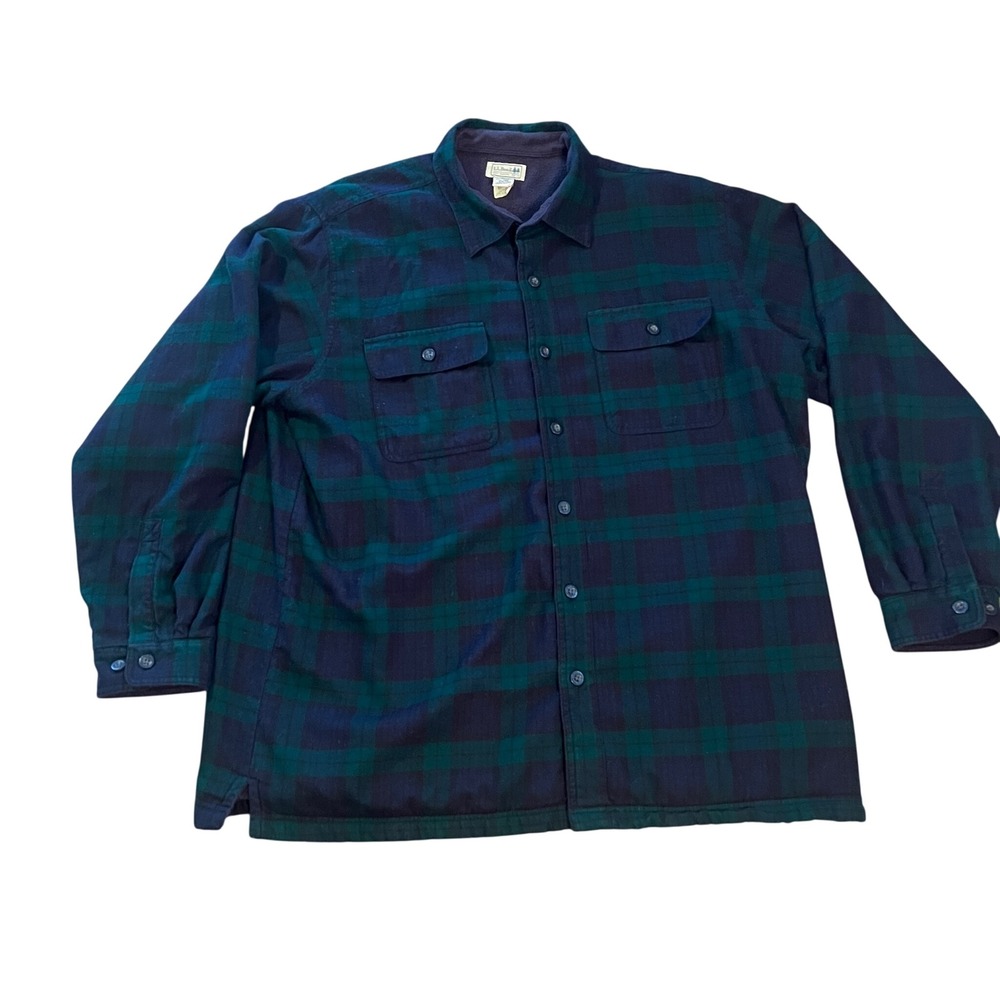 LL Bean Mens Fleece Lined Flannel Shirt Jacket Green Navy Plaid XL Tall